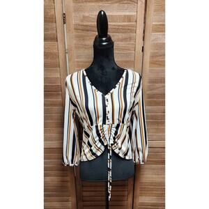 Lavish Womens Striped Balloon Sleeve, Front Tie, Cropped Top Size Medium Blouse